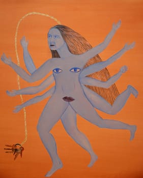 Venice, Italy - September 6, 2022:  59th Venice Art Biennale in Venice. Llaverito (Blue) , oil on canvas by Cecilia Vicuna