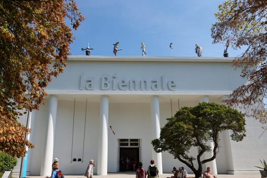 Venice, Italy - September 6, 2022: The facade of the Biennale Central Pavilion located in Giardini in Venice. Italy