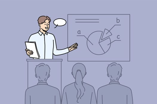 Confident male coach make business presentation for audience at conference. Smiling businessman present diagram or graph at seminar. Vector illustration.