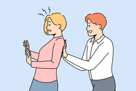 Smiling male employee push stressed female colleague forward. Happy motivated worker force scared frustrated woman coworker. Motivation concept. Vector illustration.