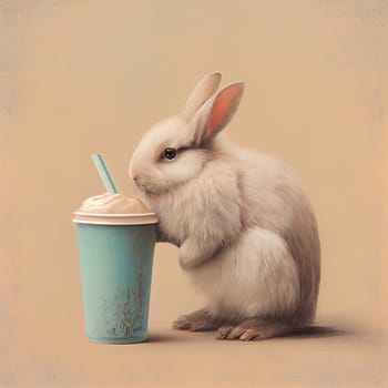 Cute bunny or rabbit is drinking a cup of coffee, animal and easter concept, generative AI