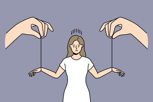 Huge hands with threads manipulate stressed woman. Unhappy female manipulated by boss or employer. Manipulation and leadership. Vector illustration.
