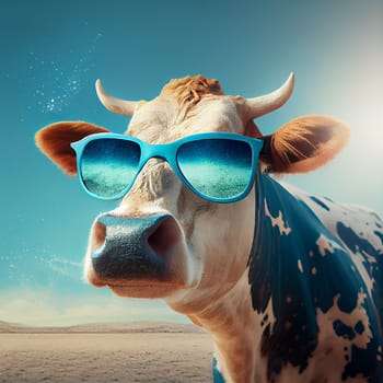 Cow wearing sunglasses with desert in the background, surreal animal portrait, generative AI