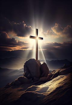 Cross on the mountain with sun light, belief, faith and spirituality, crucifixion and resurrection of Jesus Christ at Easter, generative AI