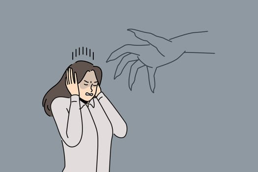 Huge monster hand stalk stressed businesswoman in fear and depression. Distressed female employee scared of big hand. Manipulation and authority in business. Vector illustration.