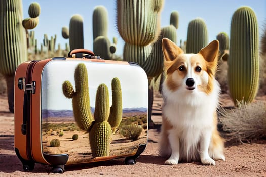Dog with a suitcase traveling to the desert with cactus, summer holiday, adventure and wanderlust concept, generative AI