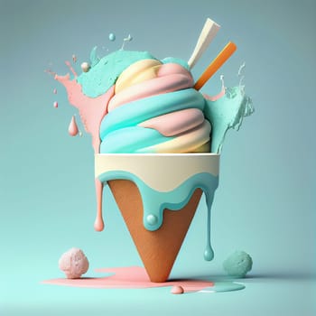 Ice cream mix in a waffle cone with splashes, sweet food in the summer, pastel color, generative AI