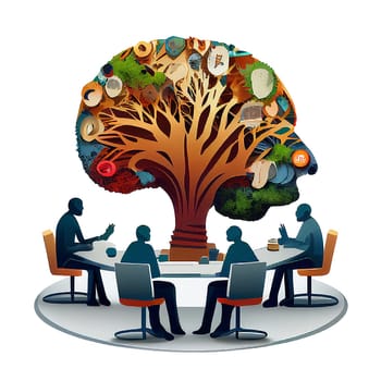 Meeting of businessmen on a round table with a brain tree, brainstorming for ideas and solution, teamwork in business, generative AI