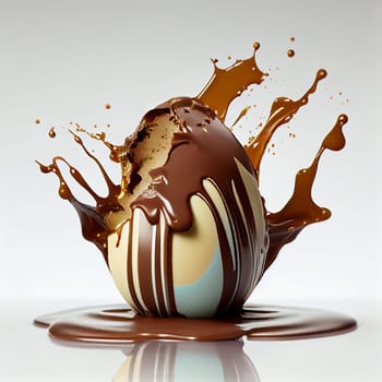 Chocolate easter egg with splashes, sweet food, spring holiday, generative AI