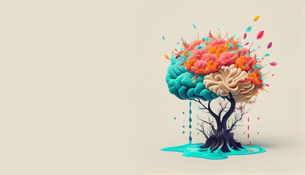 Human brain tree with flowers, self care and mental health concept, positive thinking, creative mind, generative AI