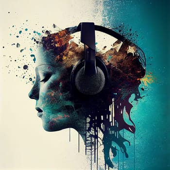 Portrait of a young woman with headphones listening to music, colorful vibes and energy, illustration, generative AI