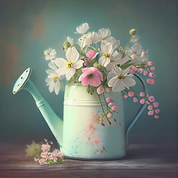 Watering can with spring flowers, wildflowers from the garden, greeting card for mother´s day or birthday, generative AI
