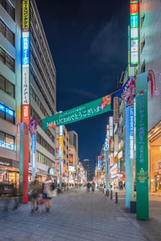 ikebukuro, japan - december 31 2019: Night view of the crowd on the pedestrian crossing of the Sunshine 60 Street leading to the famous otome road decorated for the cebrations of the new year.