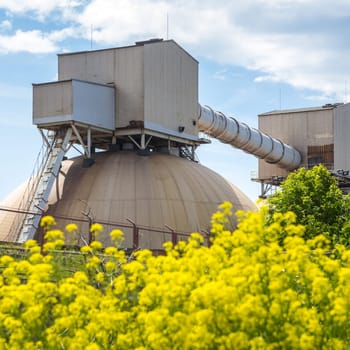 Industrial building. Fertilizer transshipment terminal in port with yellow flowers in front