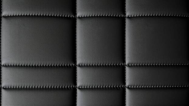 The surface texture of artificial leather in black, stitched in the form of diamonds, squares, rectangles. Quilted eco-leather. High-quality photo