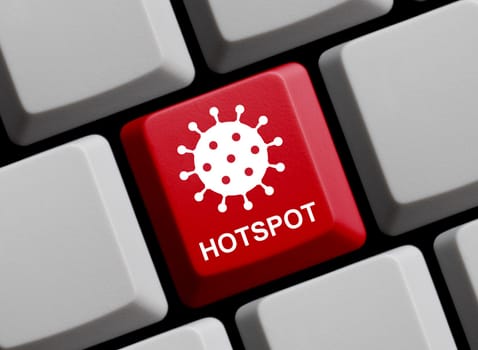 Covid-19 Hotspot - Warning on red computer keyboard 3D illustration