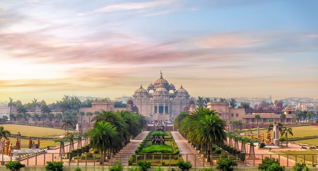 Aerial view of the Swaminarayan Akshardham complex at sunset, Delhi, India.