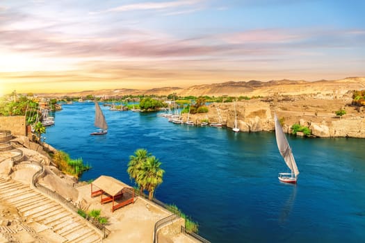 The Nile river and traditional feluccas in Aswan, Egypt, beautiful aerial view.