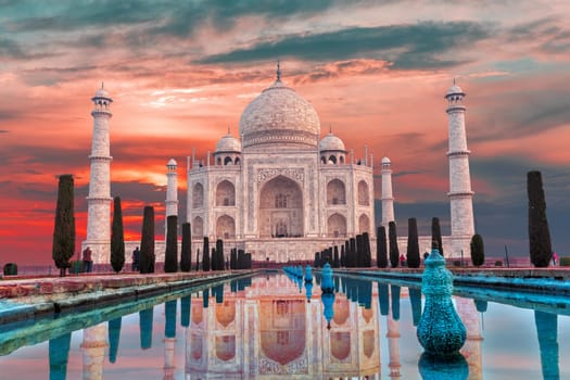 Taj Mahal famous marble mausoleum at sunset, Agra, India.