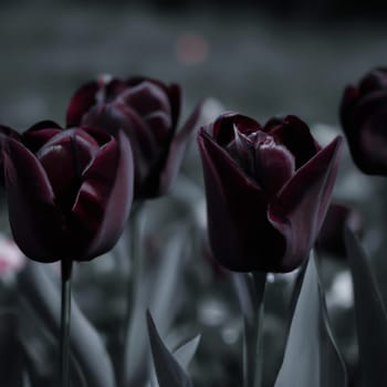 Black tulips. Paul Scherer tulip buds. Selection and tulip mania. Botany, floriculture, horticulture and landscape design. A symbol of memory of soldiers who died in Afghanistan and in other wars