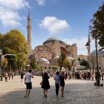 Istanbul, Turkey - August 30 2022: Long queue of tourists and locals waiting to enter Hagia Sophia Mosque, or Ayasofya Camii, formerly a Greek Orthodox church, during Victory Day holiday