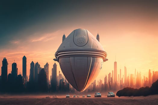 Alien spacecraft landed near big city on Earth created with Generative AI technology.