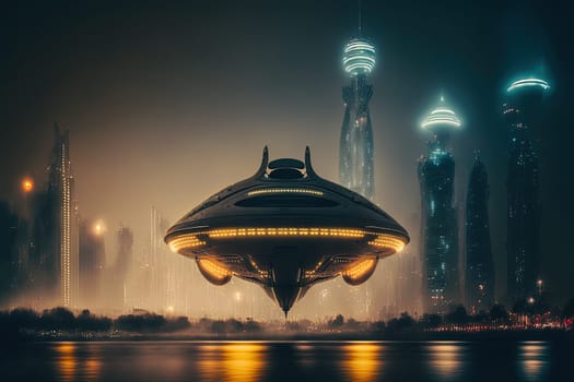 Alien spacecraft landed near big city on Earth created with Generative AI technology.