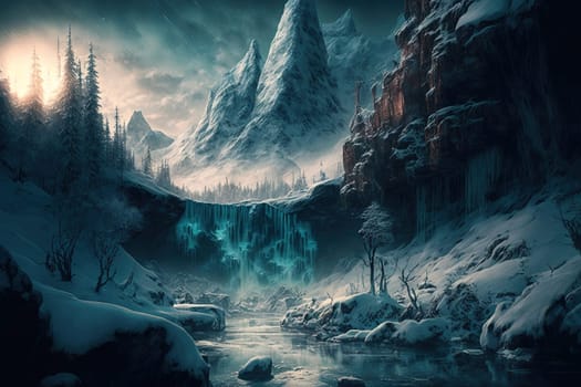 Fantasy winter landscape with frozen waterfall created with Generative AI technology.