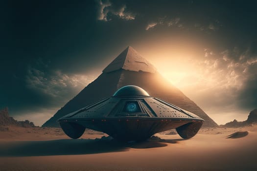 Alien spacecraft landed near big pyramid created with Generative AI technology.