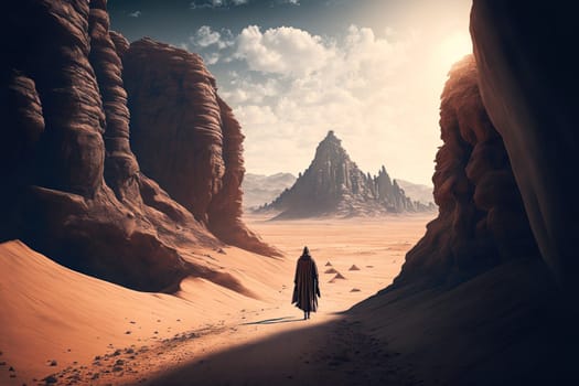 Man in robe walking in the desert created with Generative AI technology.