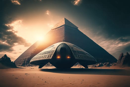 Alien spacecraft landed near big pyramid created with Generative AI technology.