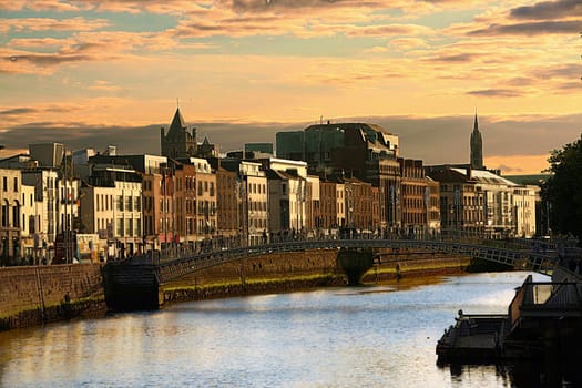 view of Dublin historic center and river Liffey at sunset