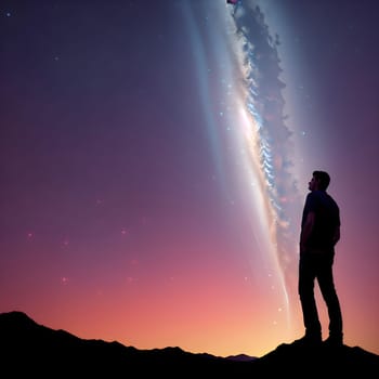 artificial intelligence generated image of the lone figure stands in awe of the beauty of the night sky which is illuminated by a brilliant, multicolored milky way galaxy.
