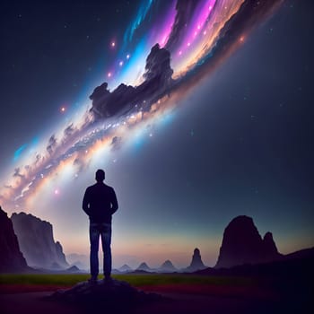 artificial intelligence generated image of the lone figure stands in awe of the beauty of the night sky which is illuminated by a brilliant, multicolored milky way galaxy.