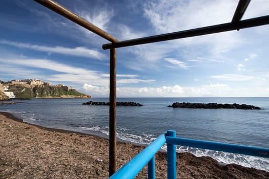 Colorful wooden hut on Chiaiai beach, Procida Island, Italy.