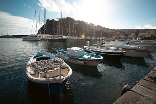 Boats in Chiaiolella bay, Procida island, Italy