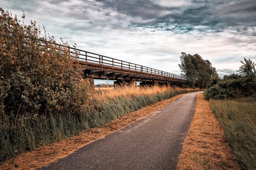 Former train line of the Darßbahn in Bresewitz, just before the Meiningen Bridge to the Fischland-Darß peninsula, Mecklenburg-West Pomerania, Germany