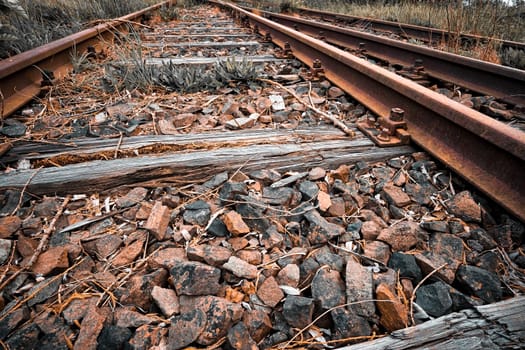 Former train line of the Darßbahn in Bresewitz, just before the Meiningen Bridge to the Fischland-Darß peninsula, Mecklenburg-West Pomerania, Germany