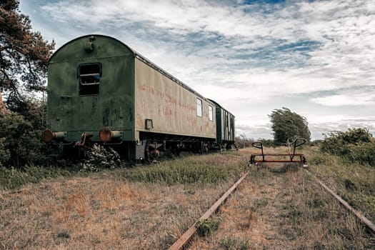 Former train line of the Darßbahn in Bresewitz, just before the Meiningen Bridge to the Fischland-Darß peninsula, Mecklenburg-West Pomerania, Germany