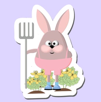 Cheerful funny rabbit with flowers and pitchfork. Spring mood bunny gardener. spring sticker