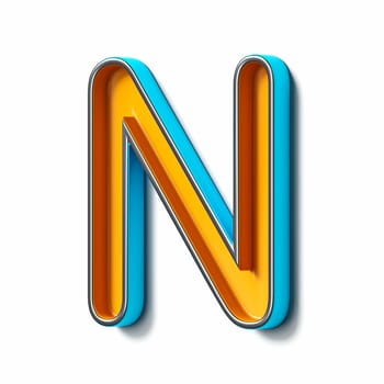 Orange blue thin metal font Letter N 3D rendering illustration isolated on white background