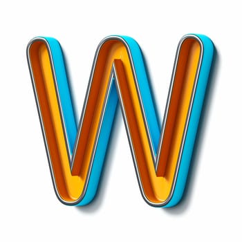 Orange blue thin metal font Letter W 3D rendering illustration isolated on white background