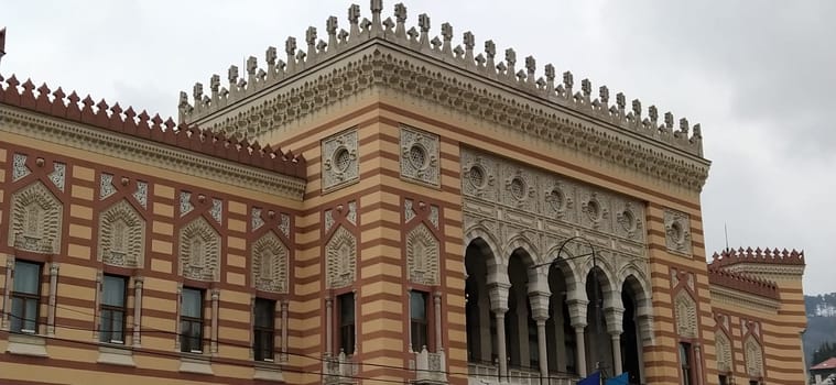 Sarajevo, BiH, March 8, 2020. City Hall, Sarajevo, Bosnia and Herzegovina. Vijecnica is the national library. the largest and most representative building of the Austro-Hungarian period in Sarajevo.