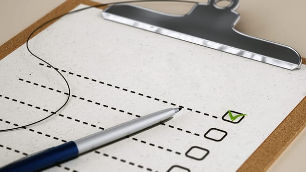Check list or medical file standing on table. 3D illustration.