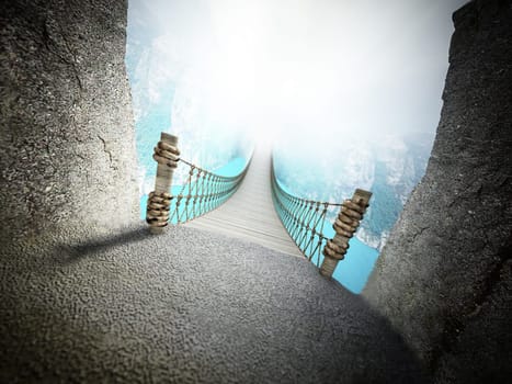 Dangerous rope bridge connecting two opposite sides. 3D illustration.