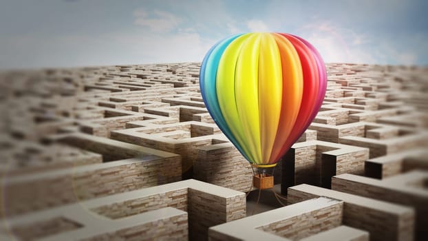 Multi-colored hot air balloon on maze. 3D illustration.