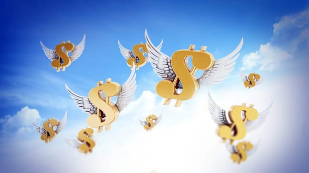 Dollar sign with wings on the smartphone. 3D illustration.