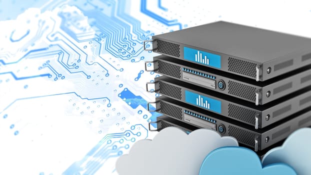Cloud computing concept with server rack and cloud shapes. 3D illustration.