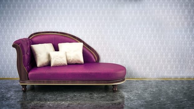 Purple elegant and comfortable sofa on reflective surface. 3D illustration.