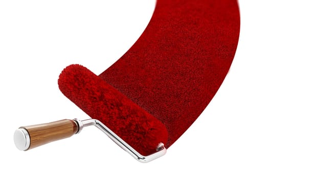 Red roller brush forming a red carpet. 3D illustration.